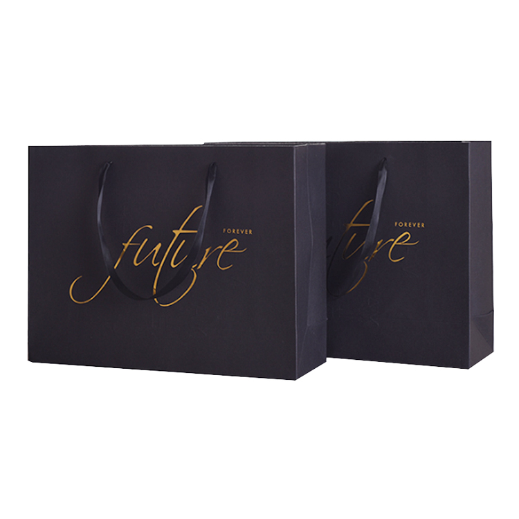Wholesale Luxury Cheap Black Hot Stamping Logo Apparel Packaging Shopping Bag Paper Bag  