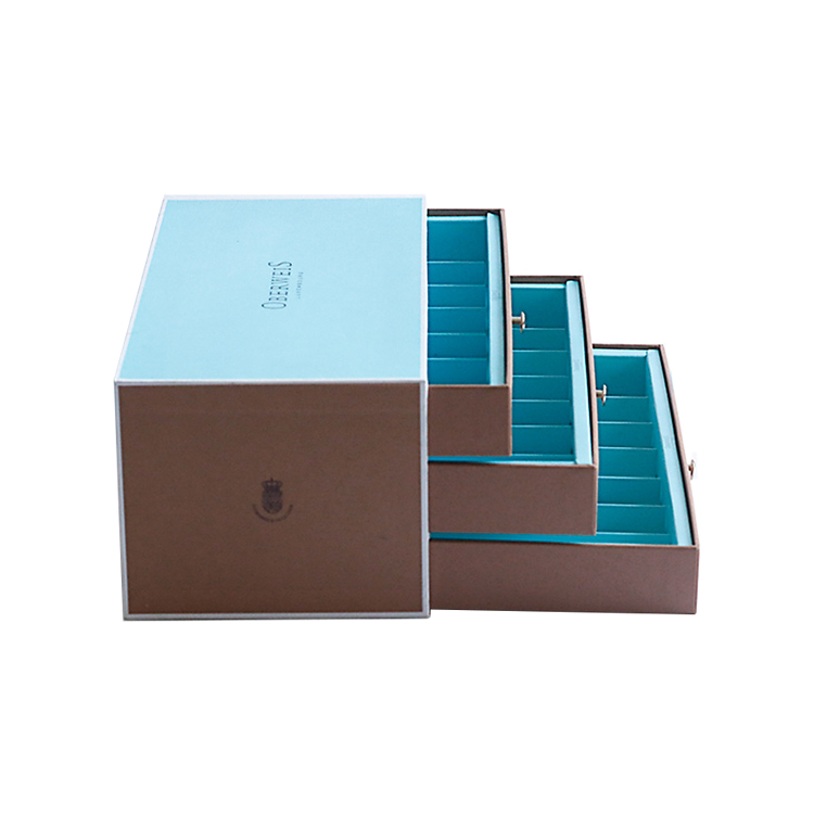  Luxury 3 Layers Cardboard Paper Drawer Gift Packaging Box With Handle For Chocolate with Gold Foiled Logo  
