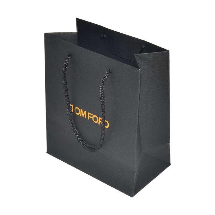 Custom Matte Black Luxury Cardboard Paper Shopping Bag with Rope Handle and Gold Foil Logo  