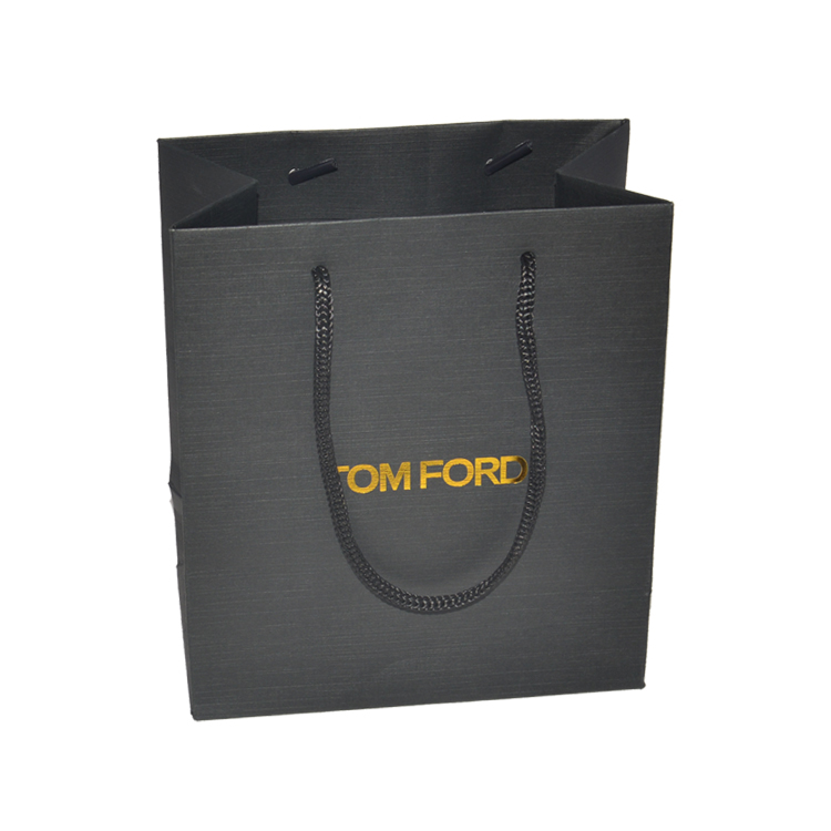 Custom Matte Black Luxury Cardboard Paper Shopping Bag with Rope Handle and Gold Foil Logo  