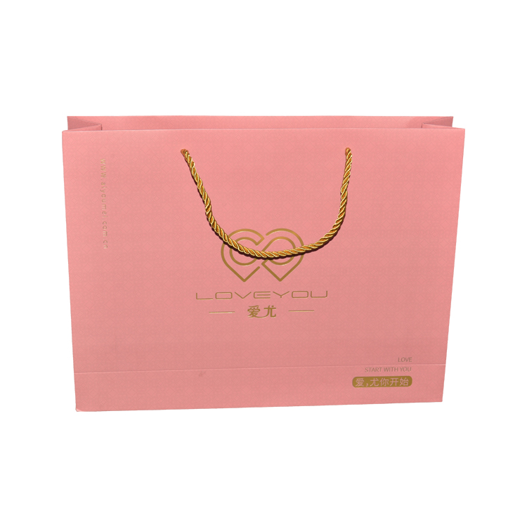Custom Printed Pink Matte Laminated Retail Shopping Paper Bag With Gold Foiled Log and Rope Handle
