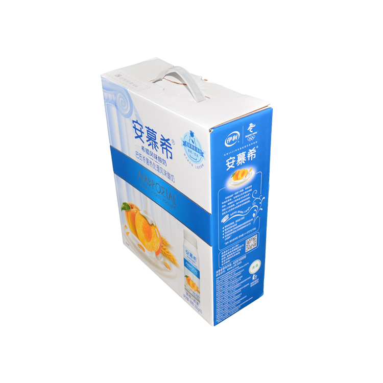 Customized Printing Carton Box Packaging Cardboard Corrugated Boxes with Plastic Handle for Yogurt  