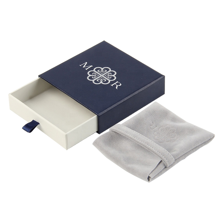 Linen Fancy Paper Drawer Jewelry Packaging Box with Silver Hot Foil Logo and Velvet Pouch