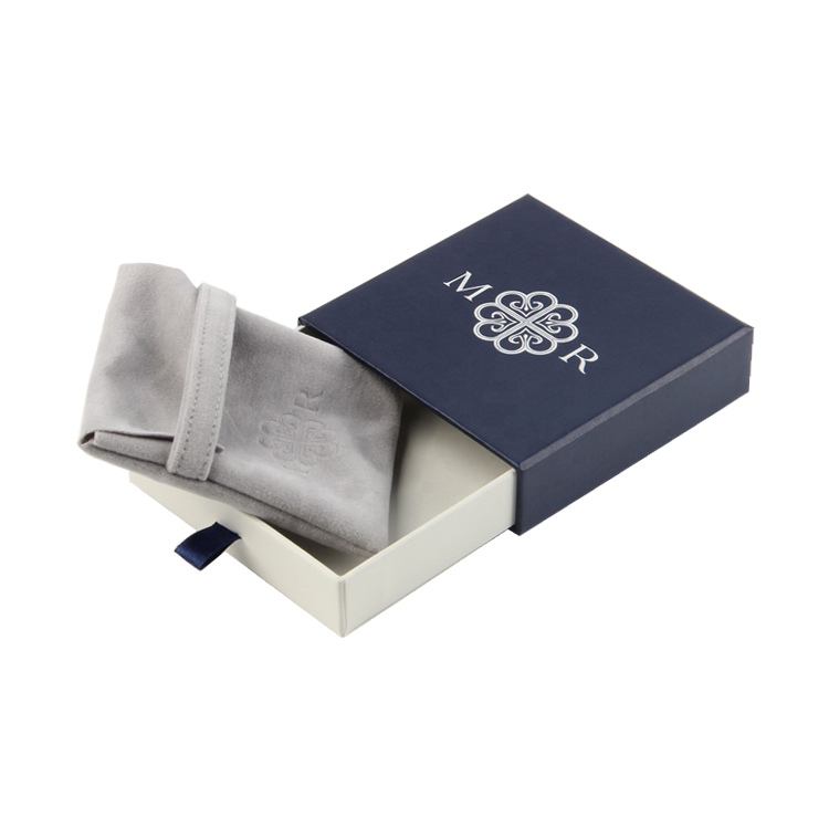 Linen Fancy Paper Drawer Jewelry Packaging Box with Silver Hot Foil Logo and Velvet Pouch  