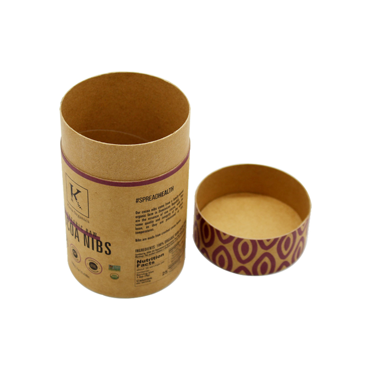  Biodegradable Custom Printed Kraft Round Paper Packaging Cylinder Tube Box for Cocoa Nibs  