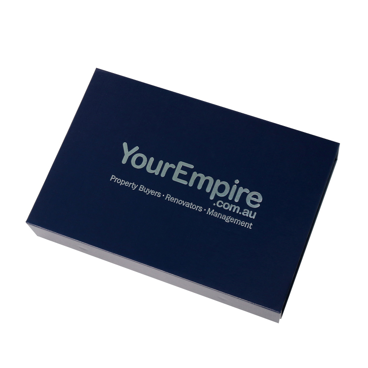 Embossed Logo Glossy Navy Blue Rigid Paper Gift Boxes with Magnetic Closure for Business Promotion  