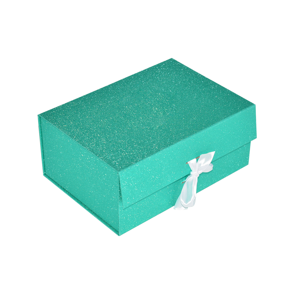  Luxury Customized Pale Blue Paper Foldable Gift Box with Magnetic Closure and Silk Ribbon Handle  