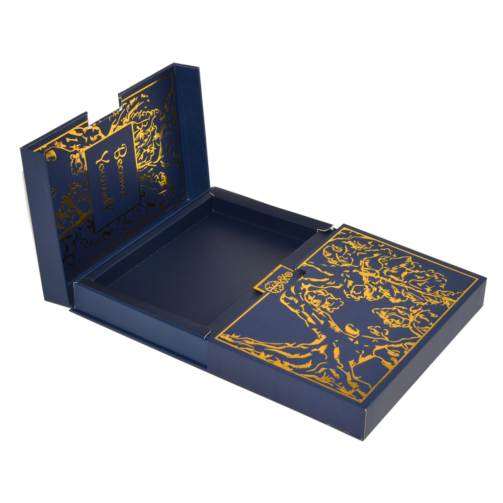 Luxury Packaging Navy Blue Two Double Door Open Gift Box with Magnet and Gold Hot Stamping Patterns