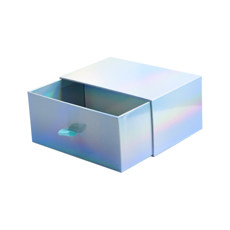 Holographic Gift Box Rainbow Paper Cardboard Sliding Drawer Box for Cosmetics Packaging with Silk Handle