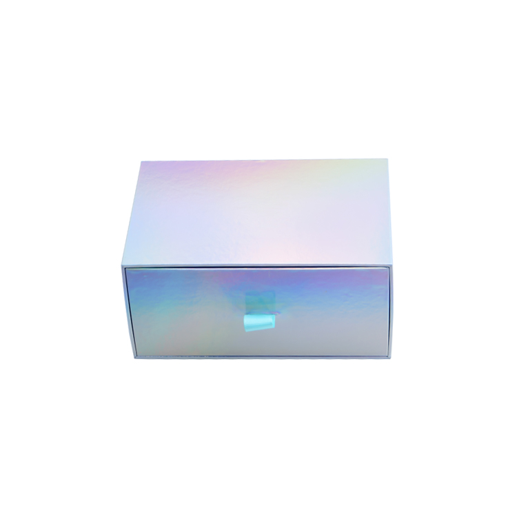  Holographic Gift Box Rainbow Paper Cardboard Sliding Drawer Box for Cosmetics Packaging with Silk Handle  