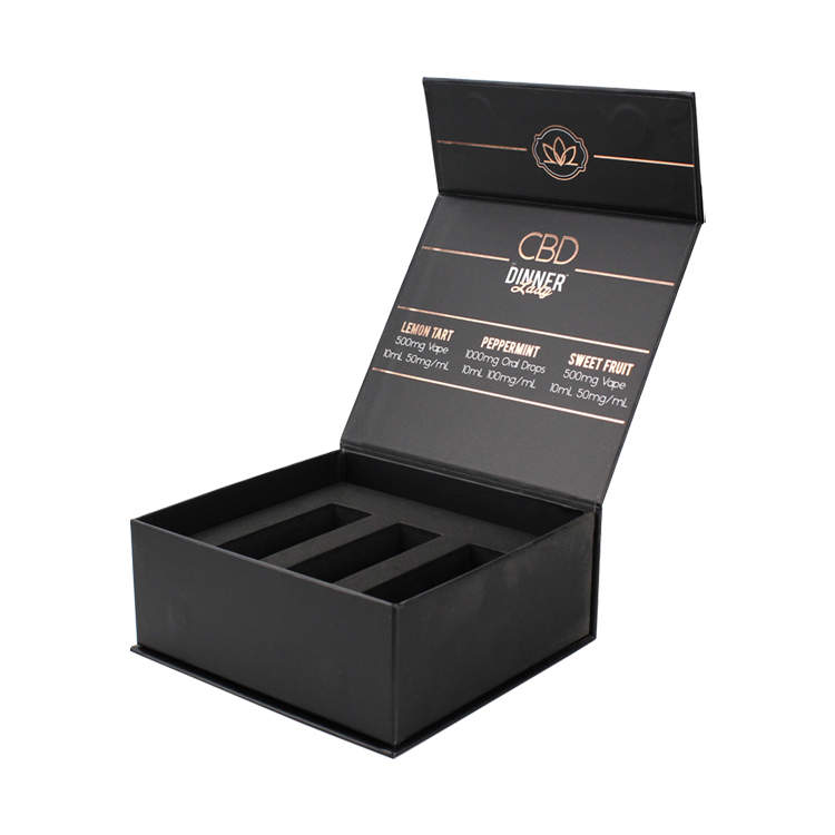 Magnetic Lid Rigid Paper Gift Packaging Box for 3 Jar CBD Essential Oil Set with Rose Gold Logo and Foam Holder  