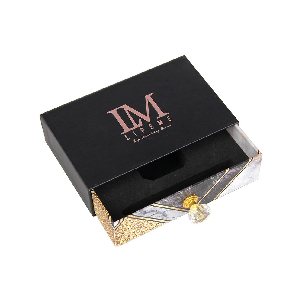 Custom Luxury Sliding Drawer Paper Gift Cosmetic Box for Volumizing Serum with Satin Holder and Crystal Knob