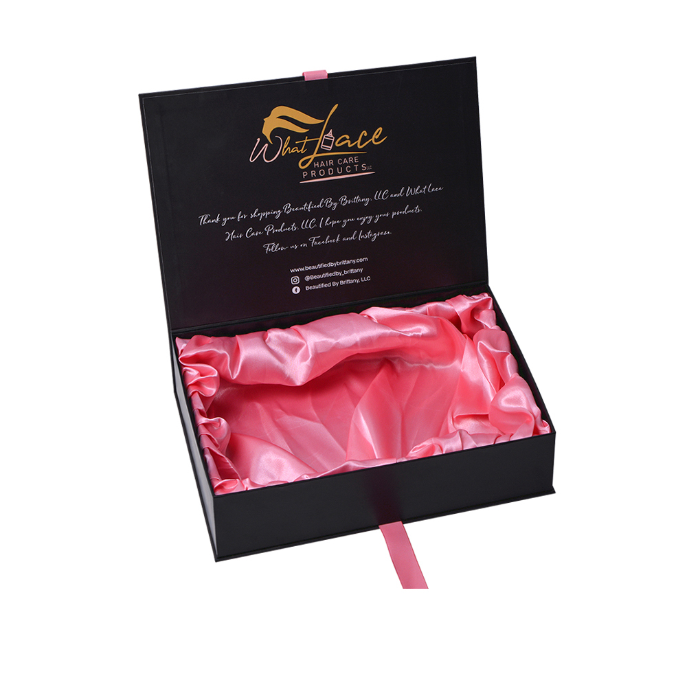 Custom Satin Lined Gift Boxes, Silk Lined Clamshell Gift Boxes for Hair Beauty Packaging with Silk Ribbon Handle