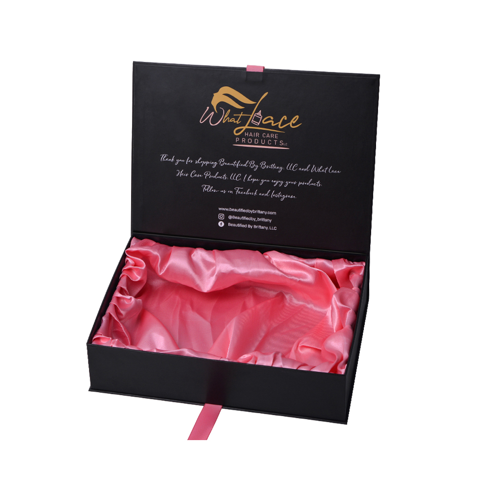 Custom Satin Lined Gift Boxes, Silk Lined Clamshell Gift Boxes for Hair Beauty Packaging with Silk Ribbon Handle  