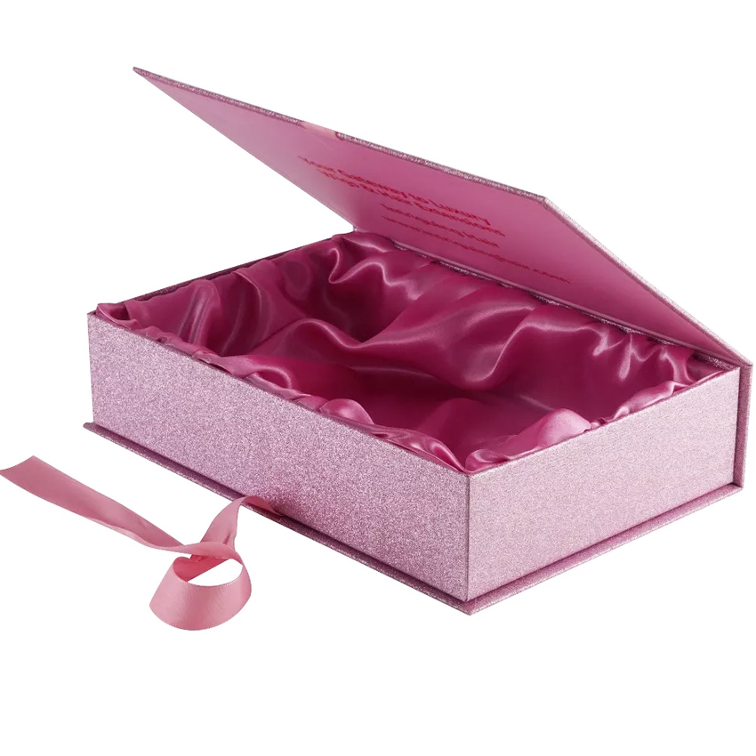  Shiny Pink Glitter Paper Magnetic Lid Gift Boxes for Wigs Hair Extension Packaging with Silk Ribbon  
