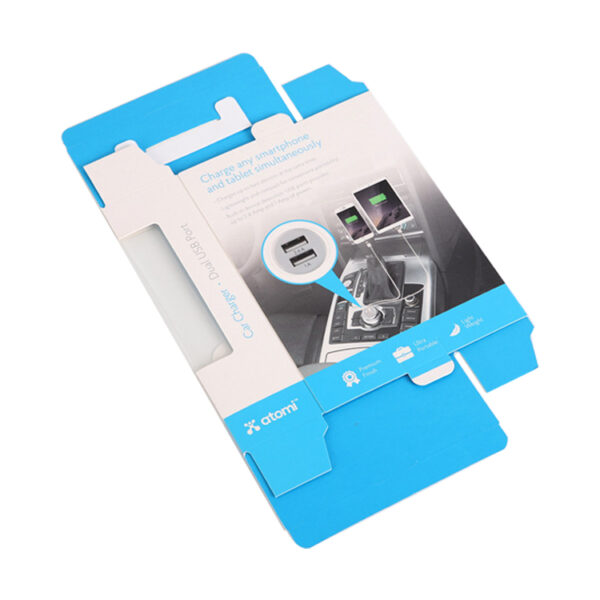 Folding Cardboard Car Charger Box With Hanger Tab Window