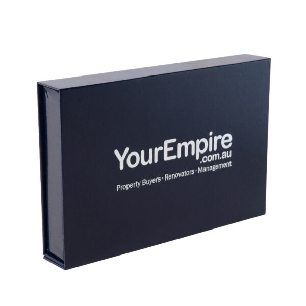 Glossy Navy Blue Magnetic Rigid Gift Box With Embossed Logo Glossy Navy Blue Magnetic Rigid Gift Box With Embossed Logo