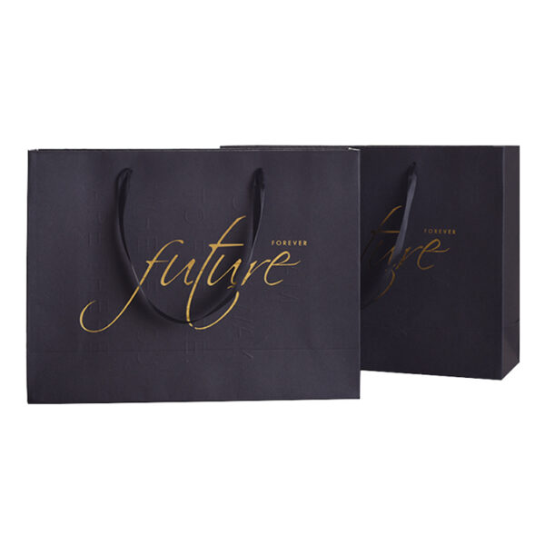 Luxury Black Paper Apparel Shopping Bag With Gold Foil Logo
