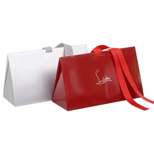 Caja plegable roja para extensiones con asa de cinta de seda Caja plegable roja para extensiones con asa de cinta de seda