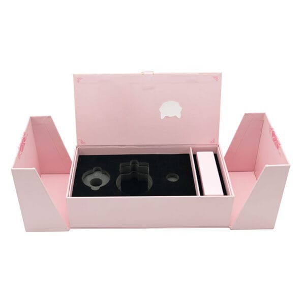 Caja de regalo rígida rosa personalizada con espuma y solapas laterales Caja de regalo rígida rosa personalizada con espuma y solapas laterales