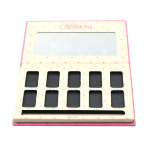 Book-style cosmetic palette box with pink patterned cover and custom printed branding