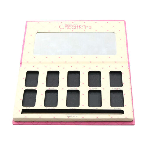 Book-style cosmetic palette box with pink patterned cover and custom printed branding