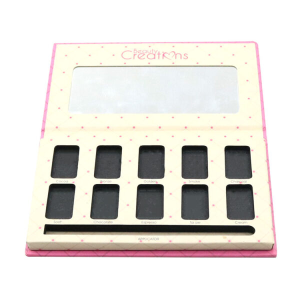 Book-style cosmetic palette box with pink patterned cover and custom printed branding Book-style cosmetic palette box with pink patterned cover and custom printed branding