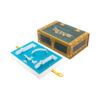 Closed rigid treasure chest packaging box with teal woodgrain design and decorative front closure Closed rigid treasure chest packaging box with teal woodgrain design and decorative front closure