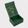 Open dark green rigid whisky gift box with hinged lid and printed interior panel Open dark green rigid whisky gift box with hinged lid and printed interior panel