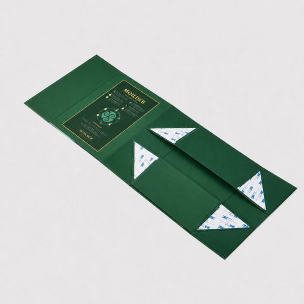 Partially assembled folding rigid whisky box showing collapsible side walls and corner tabs Partially assembled folding rigid whisky box showing collapsible side walls and corner tabs