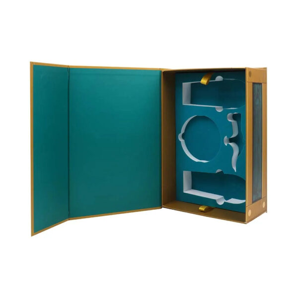 Treasure chest rigid gift box with teal woodgrain print, gold detailing and hinged lid Treasure chest rigid gift box with teal woodgrain print, gold detailing and hinged lid